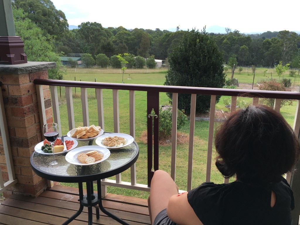 Bread, cheese and a glass of wine on the deck, looking out to the mountains