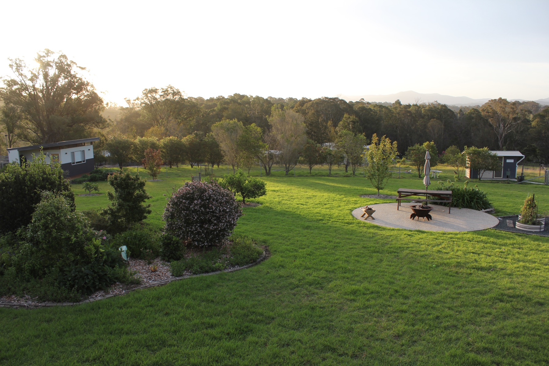 Golden-hour view across the lawn to the fire pit, trees and mountains